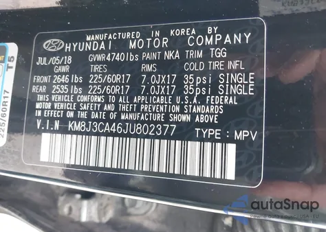 2018 Hyundai Tucson Sel из США, поврежденный, VIN KM8J3CA46JU802377